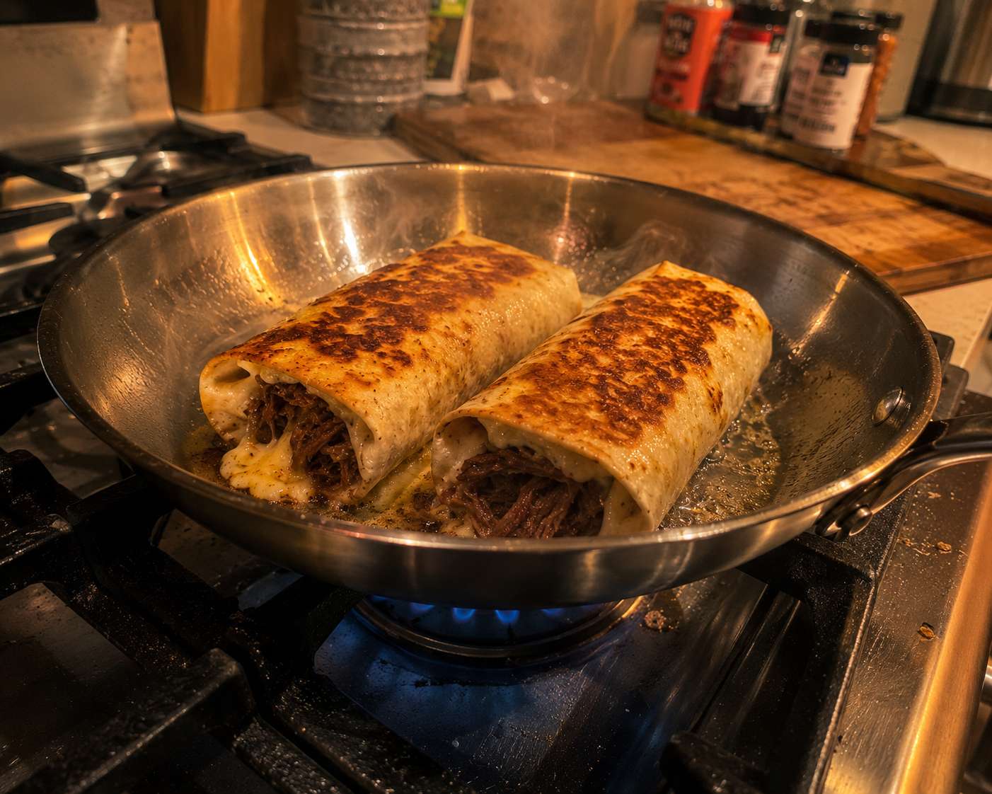 Beef roll-ups toasting seam-side down in a skillet — golden crust forming and cheese melting through