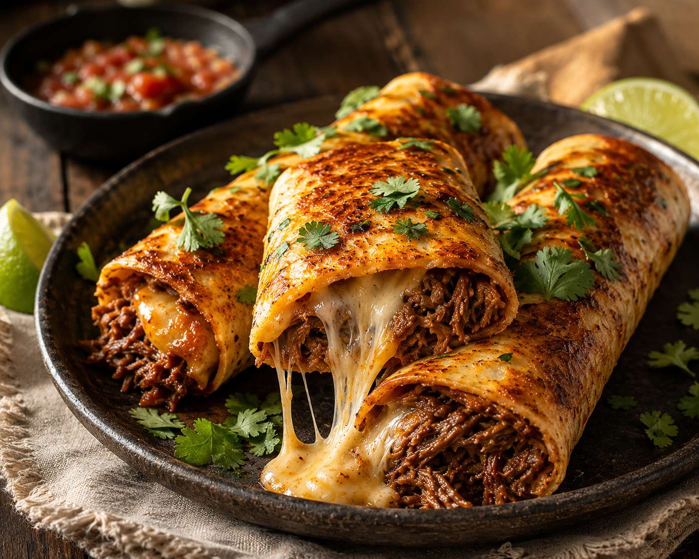 Cheesy shredded beef roll-ups sliced in half and plated — topped with cilantro and served with salsa