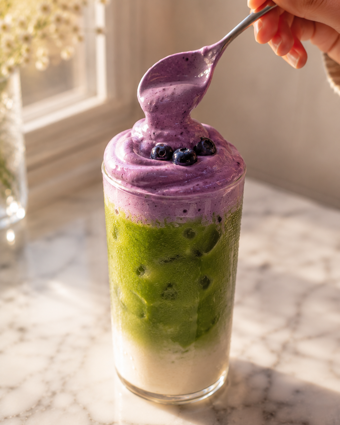 Thick purple blueberry cloud foam being spooned over the layered matcha drink — finished and ready to serve