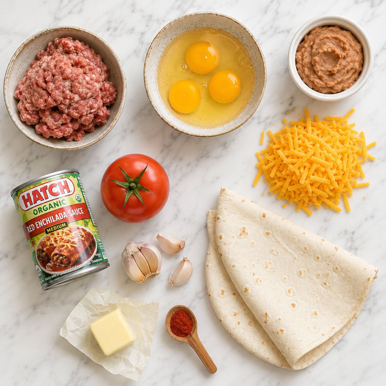 All sausage breakfast burrito ingredients laid out — sausage, eggs, tortillas, beans, cheese and salsa
