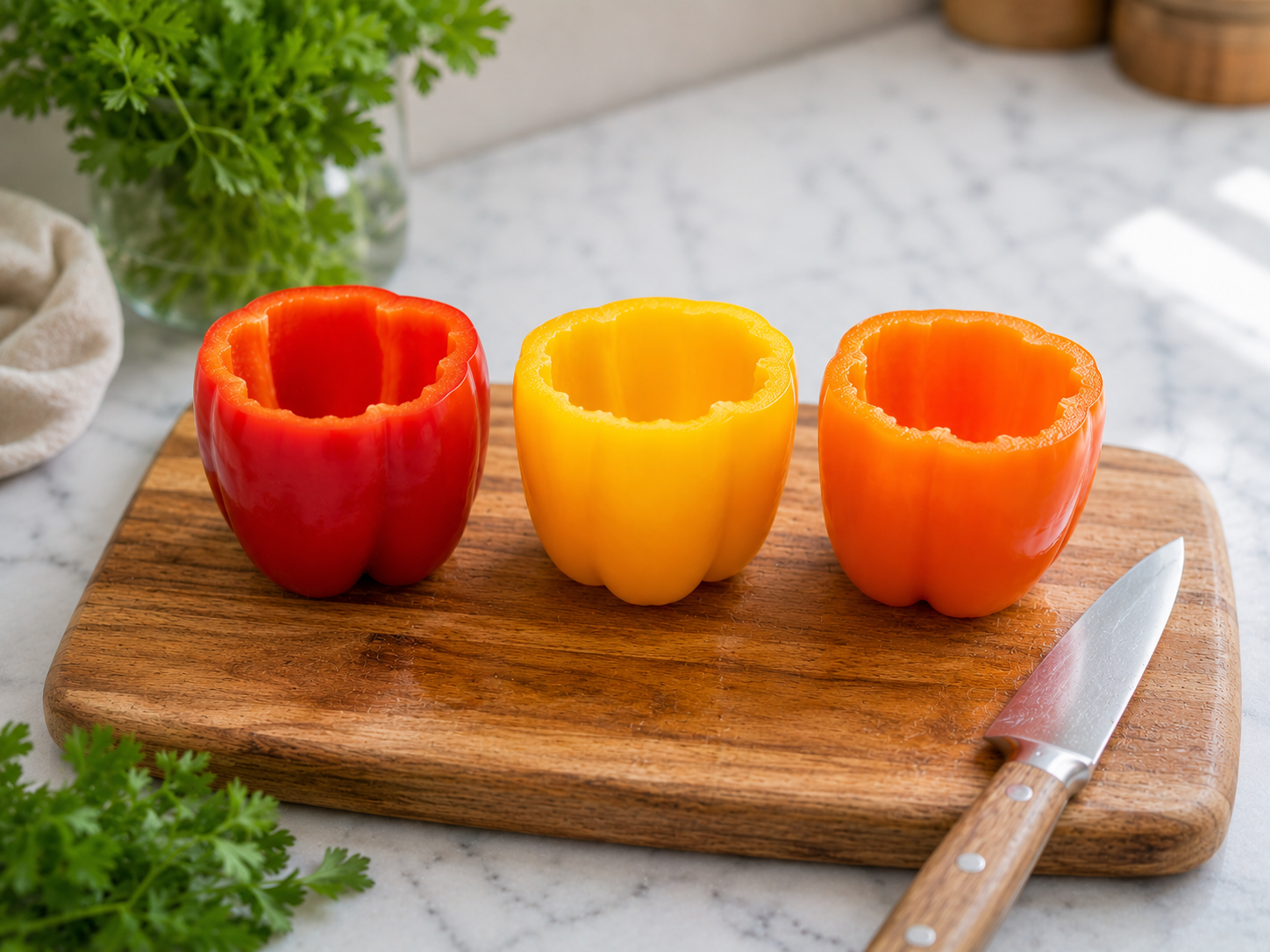 Bell peppers sliced open and cleaned, seeds removed, ready to be filled