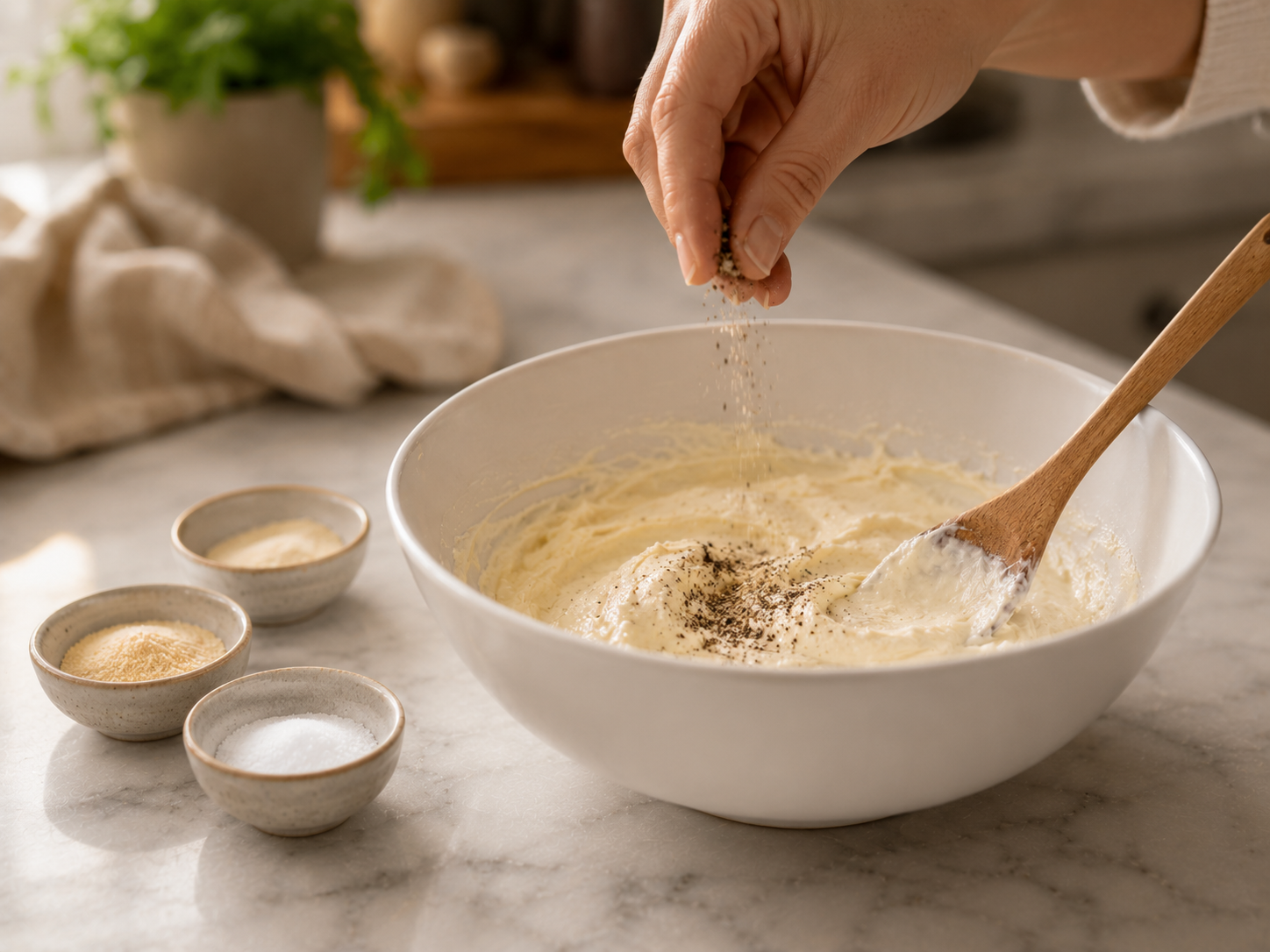 Spices and apple cider vinegar being stirred into the mayo and cream cheese base