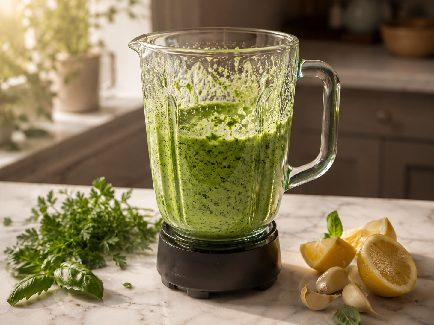 Green Goddess dressing blended smooth in a blender — vibrant green, creamy and glossy