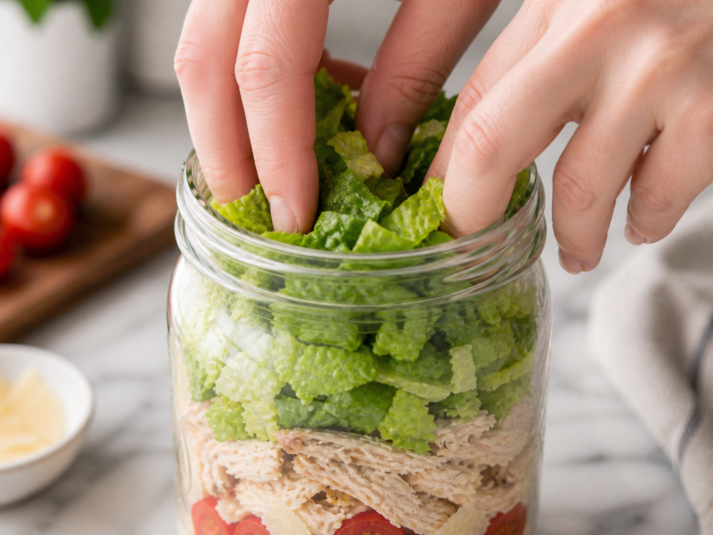 Chopped romaine lettuce packed firmly into the mason jar on top of the chicken layer