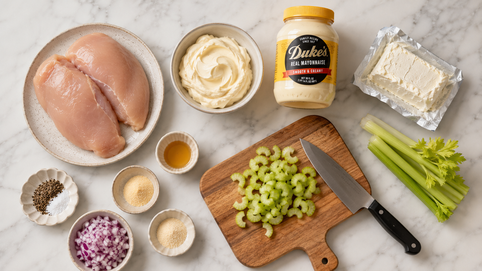 All chicken salad ingredients laid out: shredded chicken, mayonnaise, cream cheese, apple cider vinegar and spices