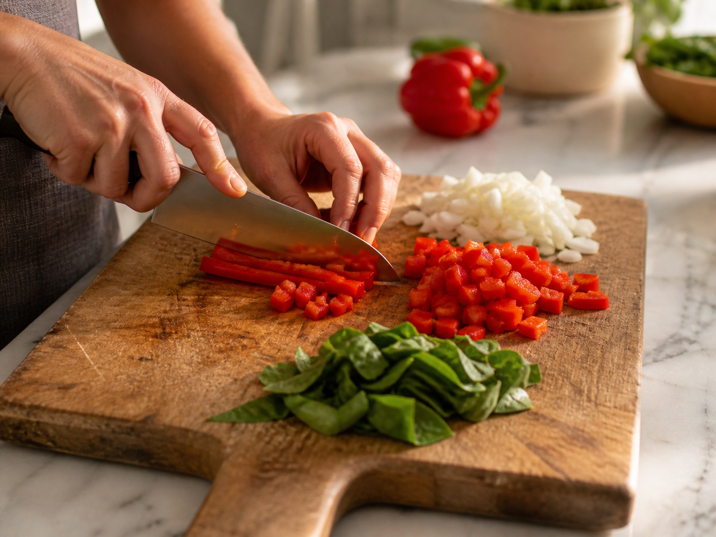Bell pepper diced small, spinach roughly chopped, and onion finely diced — all prepped and ready