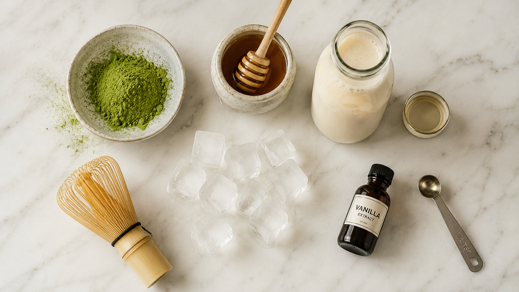 Iced matcha latte ingredients laid out — matcha powder, oat milk, honey, ice and a whisk