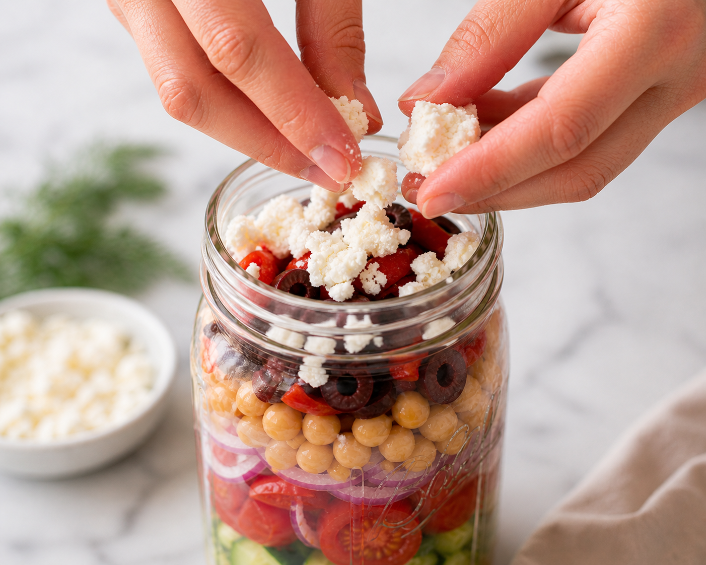 Crumbled feta cheese scattered over the chickpea layer — salty and creamy against the briny olives