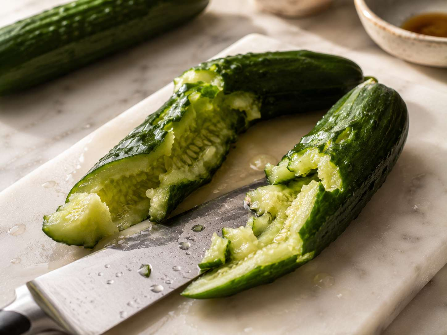 Smashed cucumber pieces tossed with salt draining in a colander