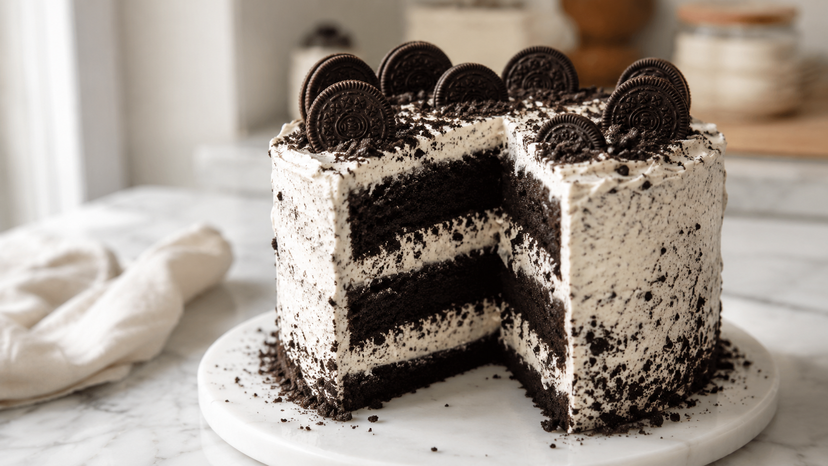 Homemade Oreo cake sliced to show soft chocolate layers and thick cookies and cream cream cheese frosting