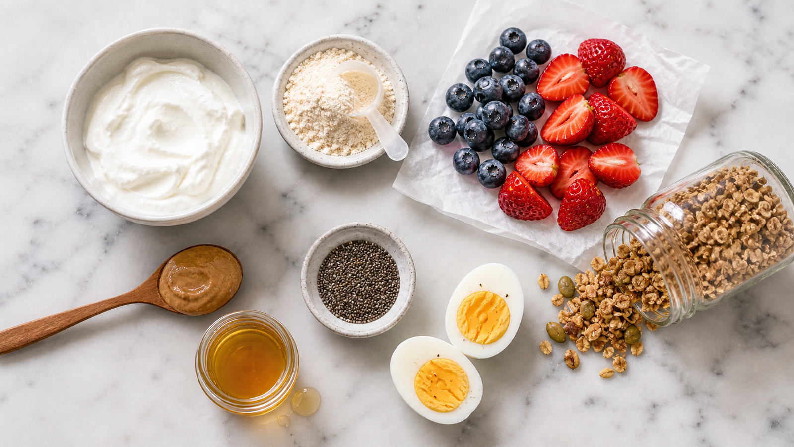 All ingredients for the Greek yogurt protein bowl laid out: Greek yogurt, berries, granola, almond butter, honey, cinnamon and protein powder