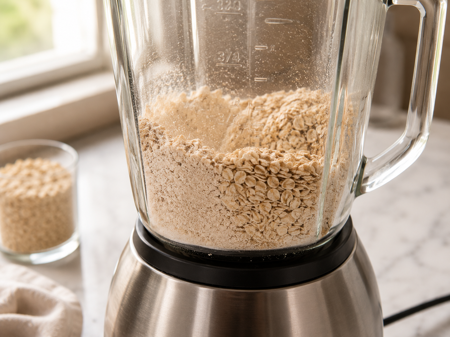 Rolled oats blended into fine oat flour in a blender
