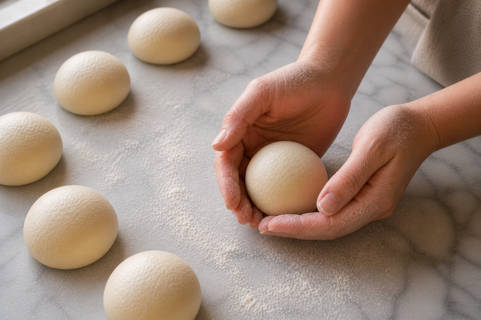 12 smooth dough balls shaped and ready to be arranged in the baking dish