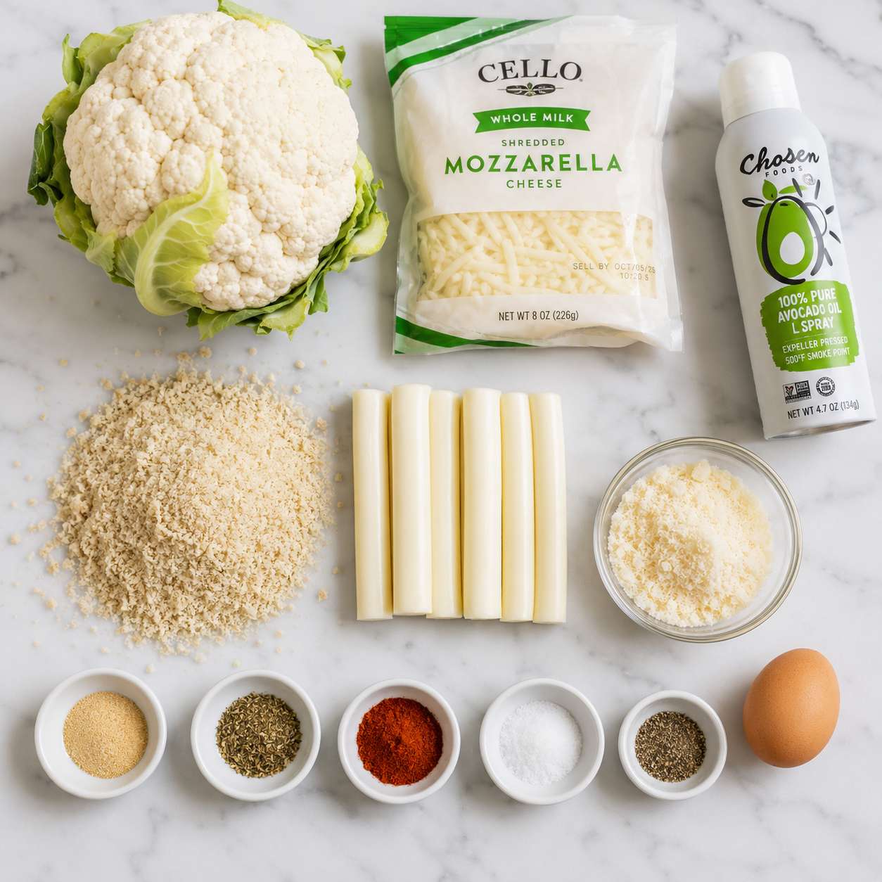 All cauliflower mozzarella stick ingredients laid out: cauliflower, mozzarella string cheese, egg, parmesan, panko and seasonings