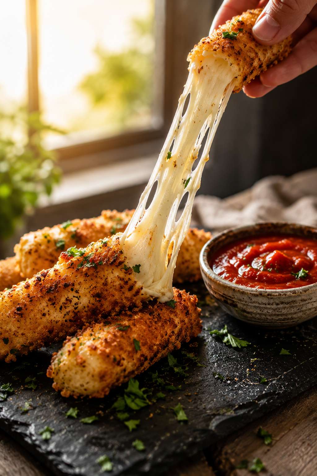 Cauliflower mozzarella sticks on a board with marinara — golden crispy outside, stretchy cheese pull