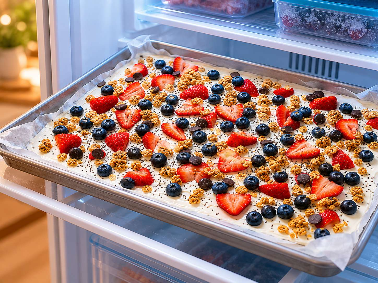 Topped yogurt bark going into the freezer on the baking sheet