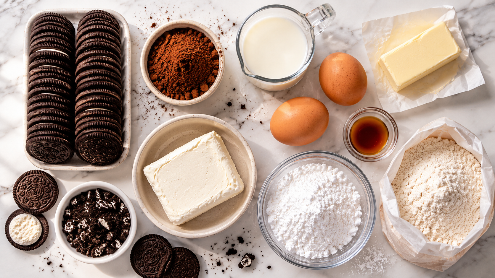 All Oreo cake ingredients laid out — flour, cocoa, eggs, buttermilk, oil, Oreos, butter, cream cheese and powdered sugar