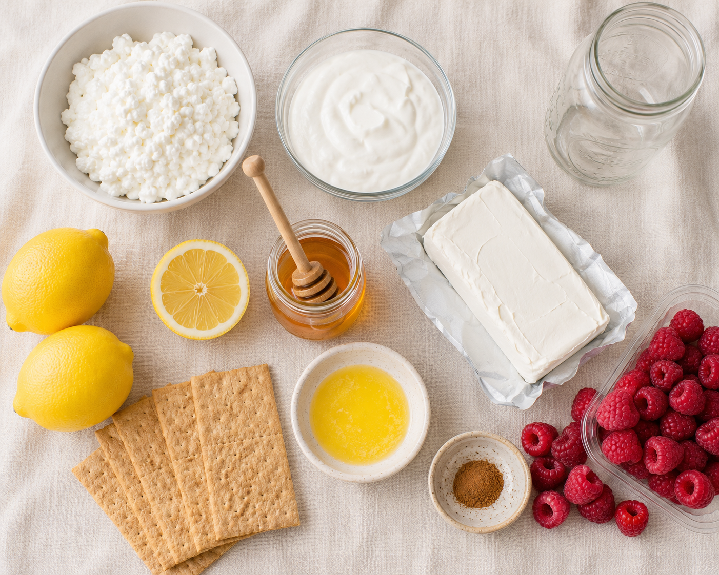 All cheesecake jar ingredients laid out flat — cottage cheese, Greek yogurt, cream cheese, raspberries, lemon, graham crackers