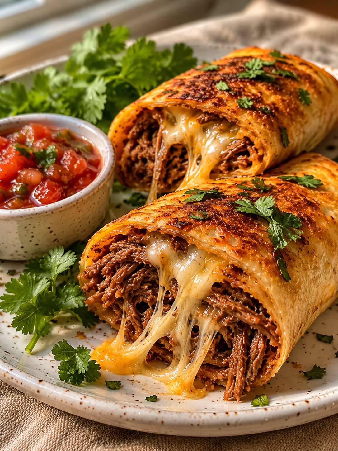 Cheesy shredded beef roll-ups sliced in half — golden toasted tortilla, melted cheese and seasoned beef