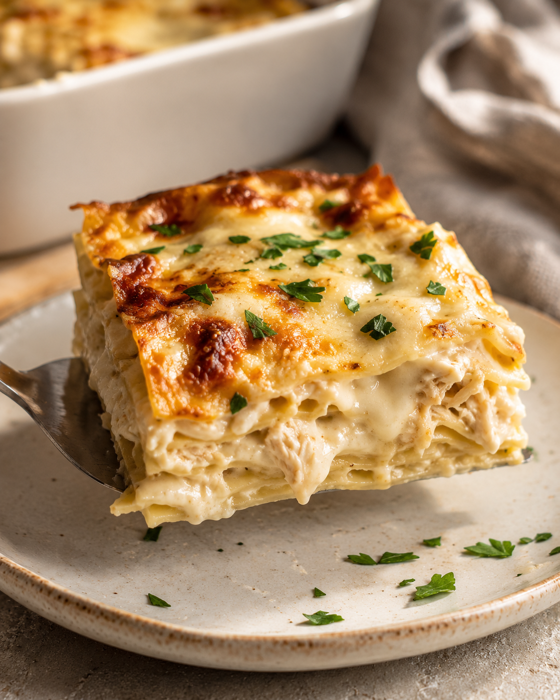 Cheesy chicken Alfredo lasagna sliced and served — creamy white sauce, golden top, melted mozzarella