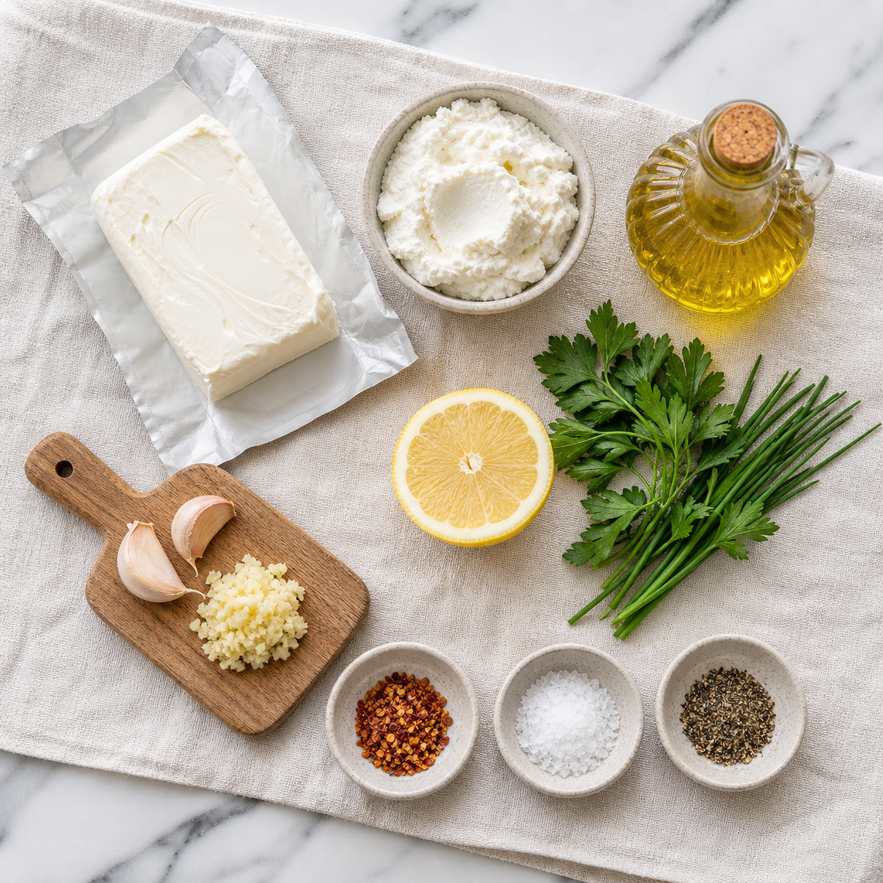 All cheesy garlic dip ingredients laid out — cream cheese, ricotta, fresh garlic, parsley, chives, olive oil, lemon, red pepper flakes