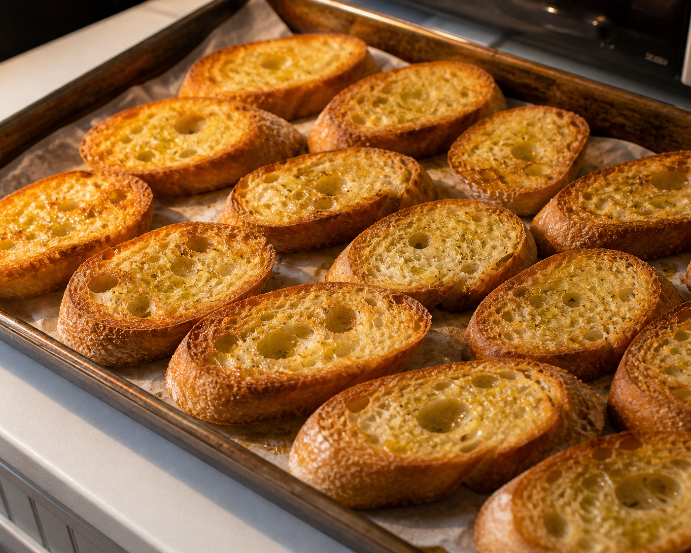 Baguette slices toasted golden and crisp on a baking sheet — ready to serve alongside the cheesy garlic dip