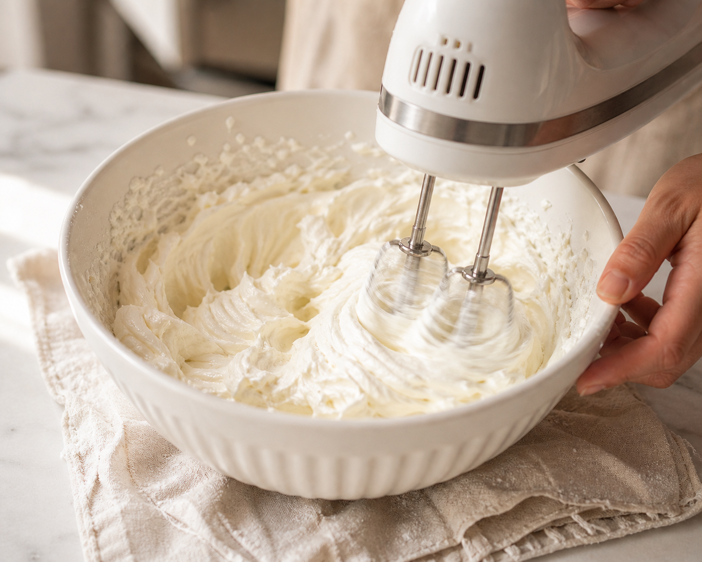 Cream cheese being whipped with a hand mixer in a bowl — turning light, fluffy, and smooth