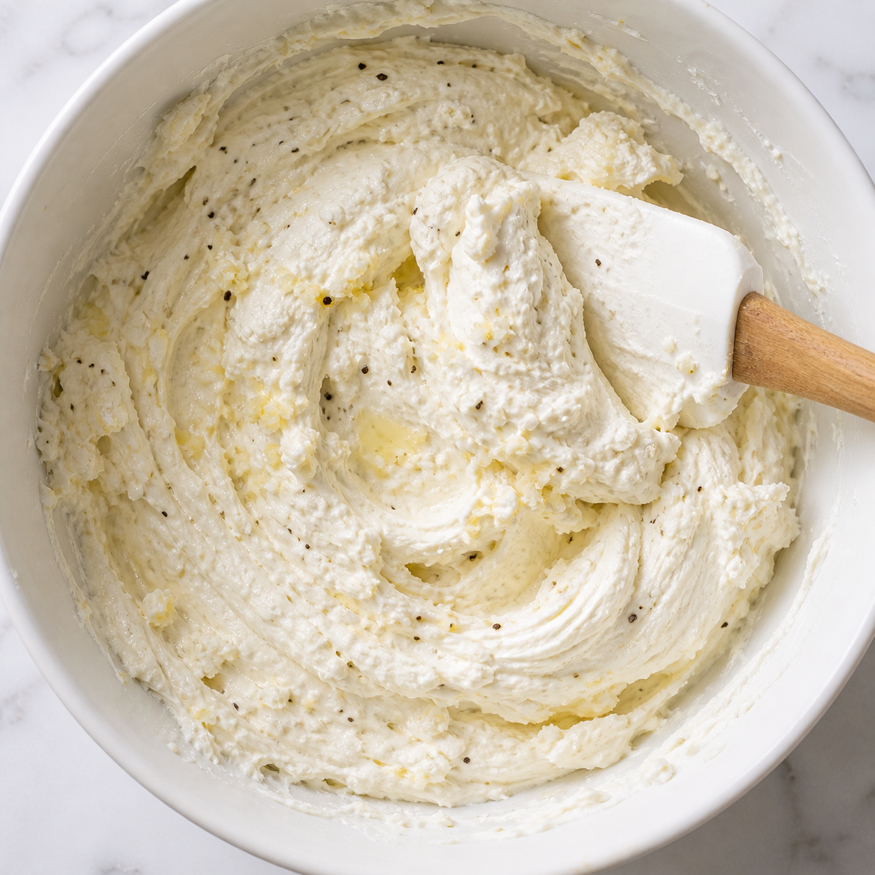 Ricotta, minced garlic, lemon juice, salt and pepper mixed into the whipped cream cheese — smooth and creamy