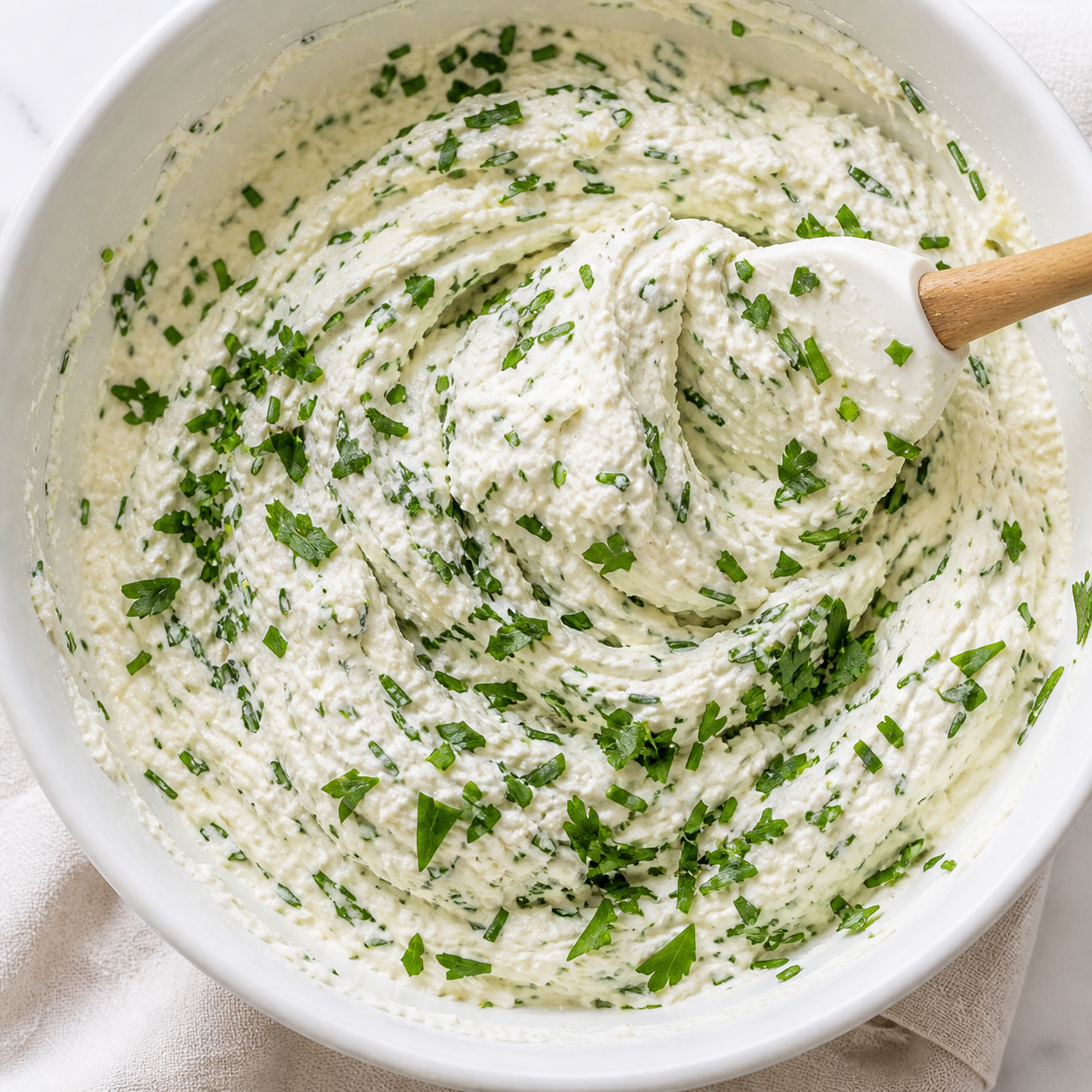 Fresh chopped parsley and chives being folded into the whipped cheesy dip with a spatula — herbs visible throughout