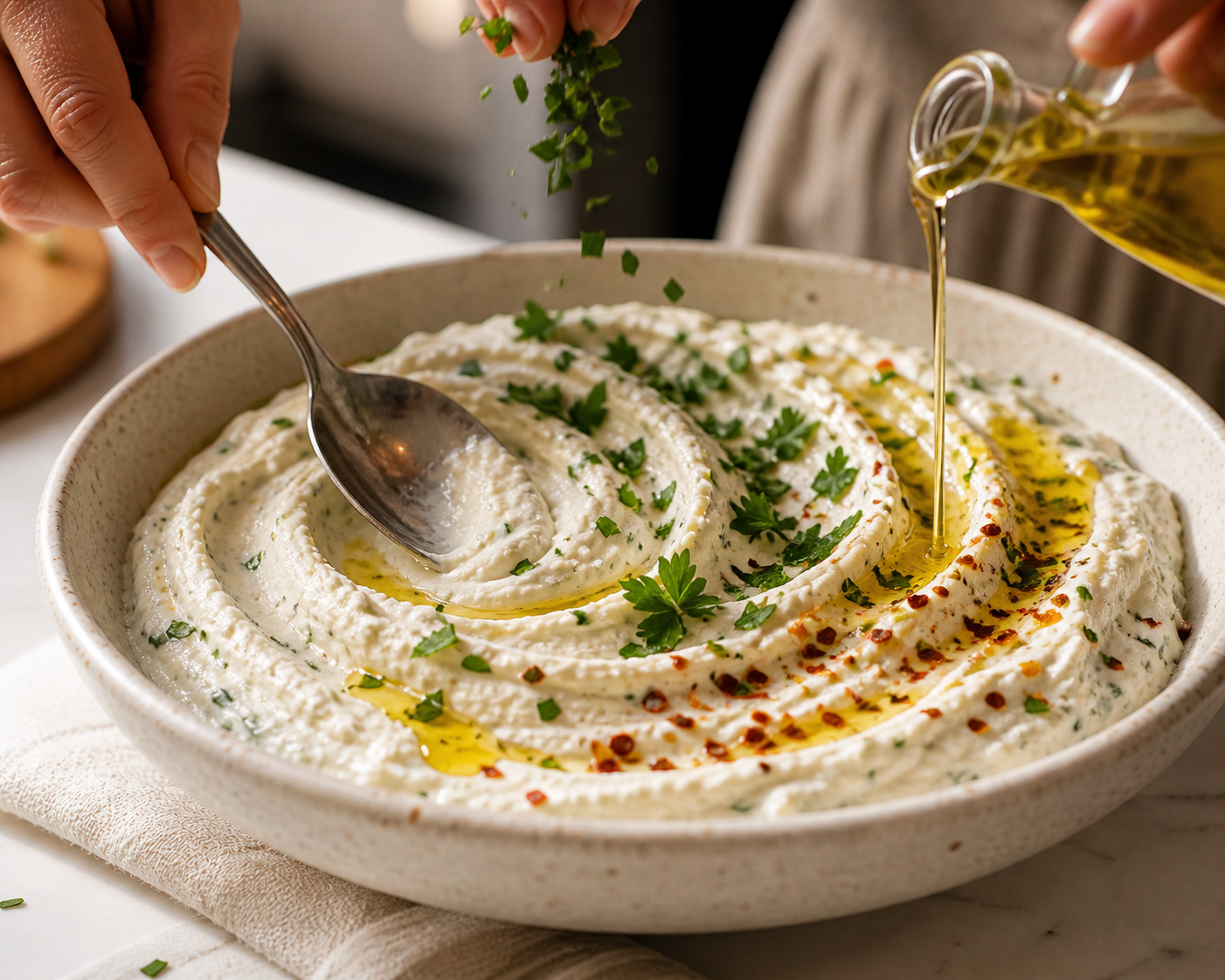 Finished cheesy garlic dip in a speckled ceramic bowl — swirled top, drizzled with olive oil, fresh herbs and red pepper flakes scattered on top
