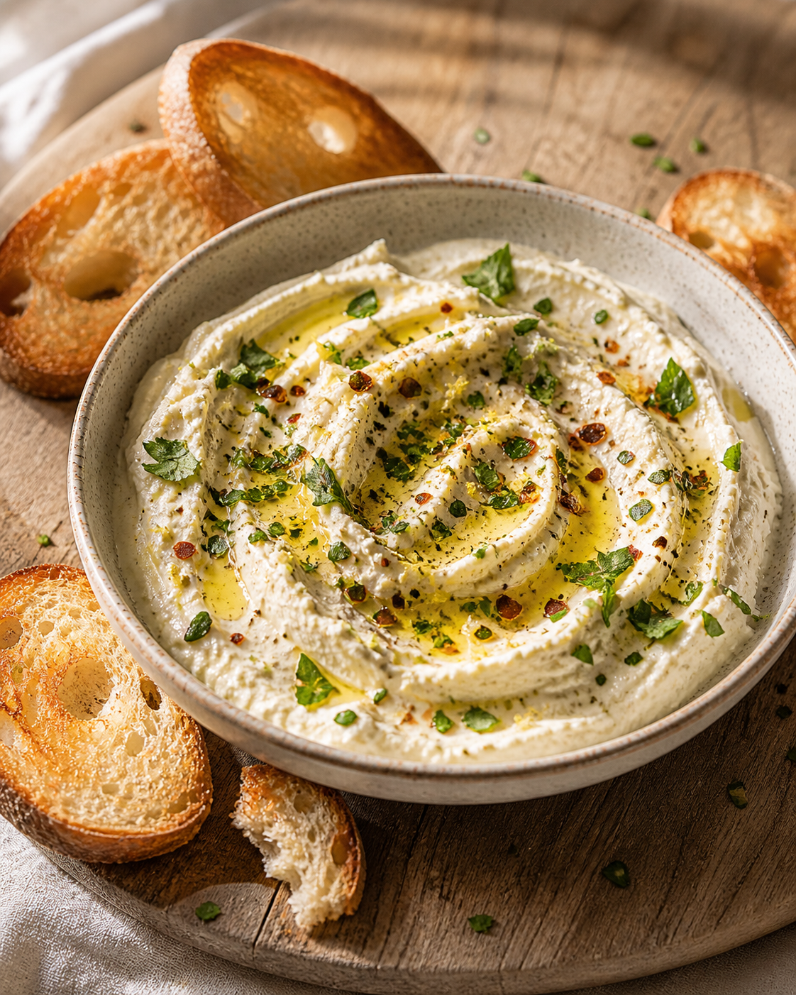 Cheesy garlic dip in a speckled ceramic bowl — creamy whipped texture topped with fresh chopped herbs, golden olive oil drizzle, and red pepper flakes, surrounded by golden toasted baguette slices on a wooden serving board