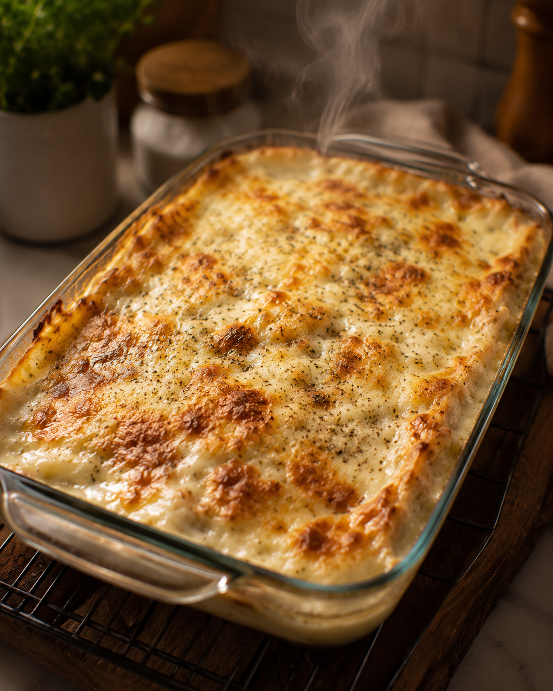 Chicken Alfredo lasagna fresh from the oven — golden bubbly cheese top, perfectly baked