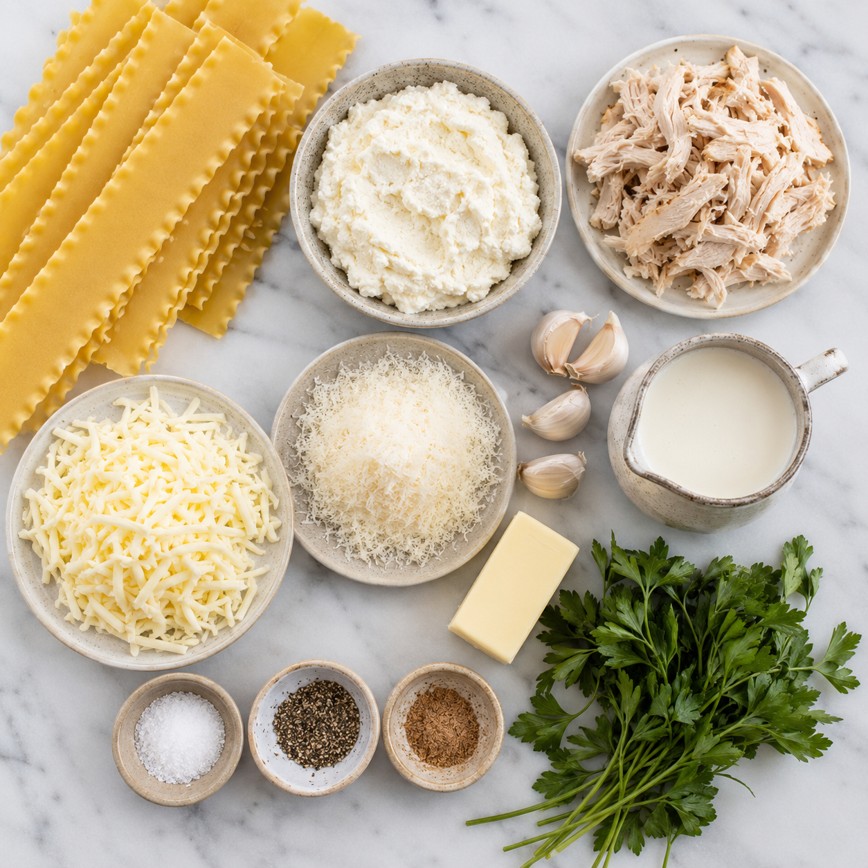 All chicken Alfredo lasagna ingredients laid out: lasagna noodles, rotisserie chicken, ricotta, mozzarella, Parmesan, butter, cream and garlic