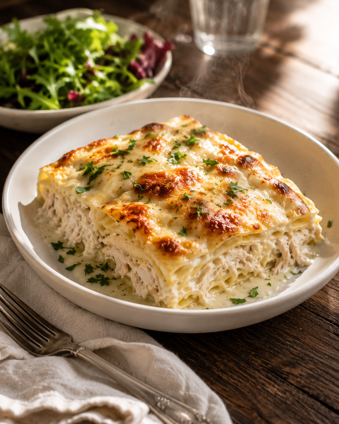 Cheesy chicken Alfredo lasagna — final plated dish, golden top, creamy layers visible