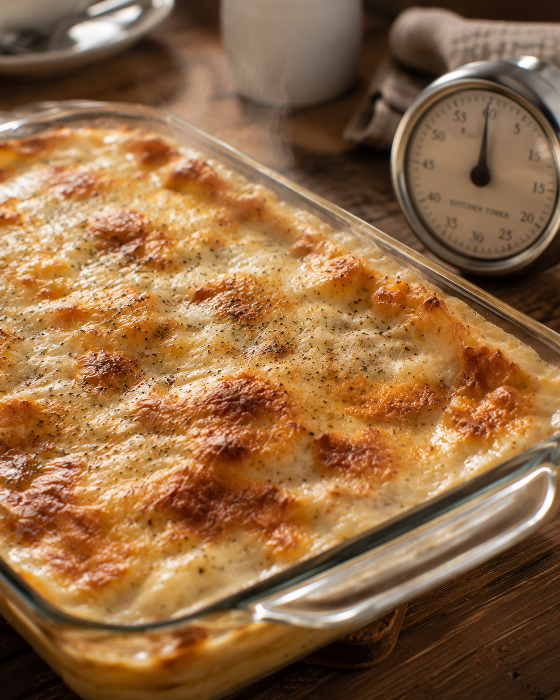 Baked chicken Alfredo lasagna resting on the counter with steam rising — waiting before slicing