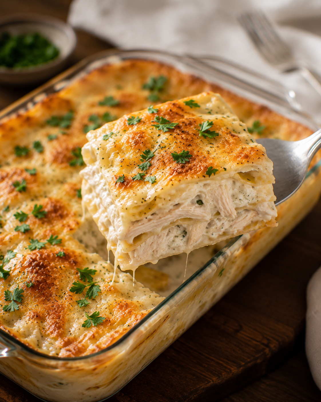 A perfect slice of chicken Alfredo lasagna plated and garnished with fresh parsley