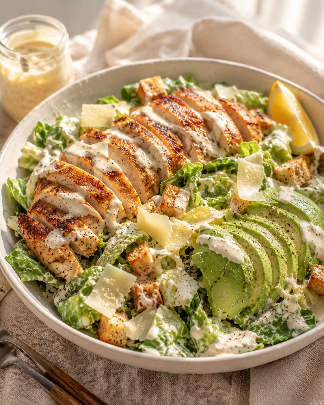 Chicken avocado caesar salad on a wide platter — sliced chicken fanned over romaine, avocado and parmesan shavings