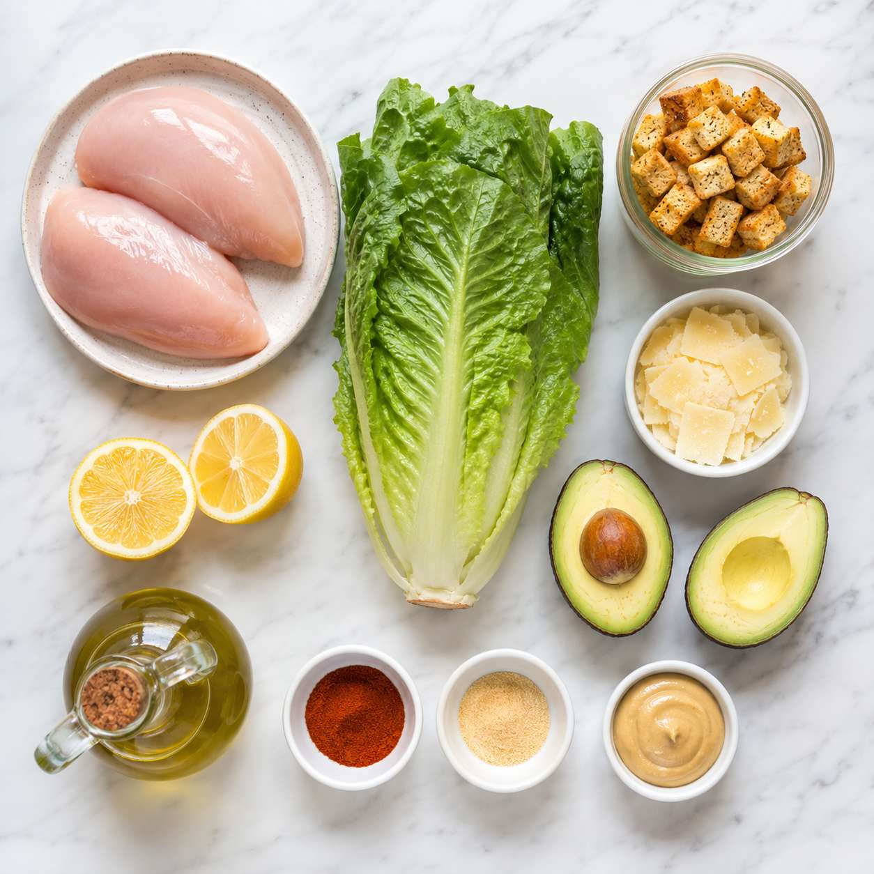 All chicken caesar avocado salad ingredients laid out flat — chicken breasts, romaine, avocados, parmesan, croutons, mayo and seasonings