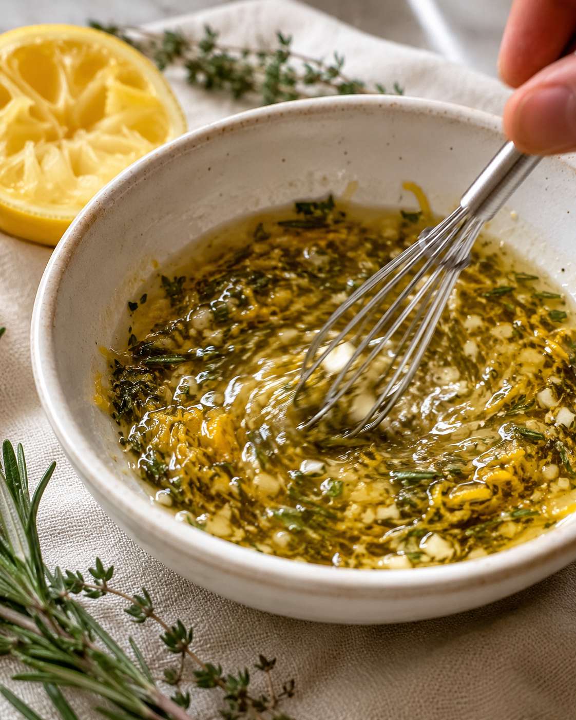 Whisking lemon herb marinade together in a small bowl — olive oil, lemon zest, garlic and fresh herbs