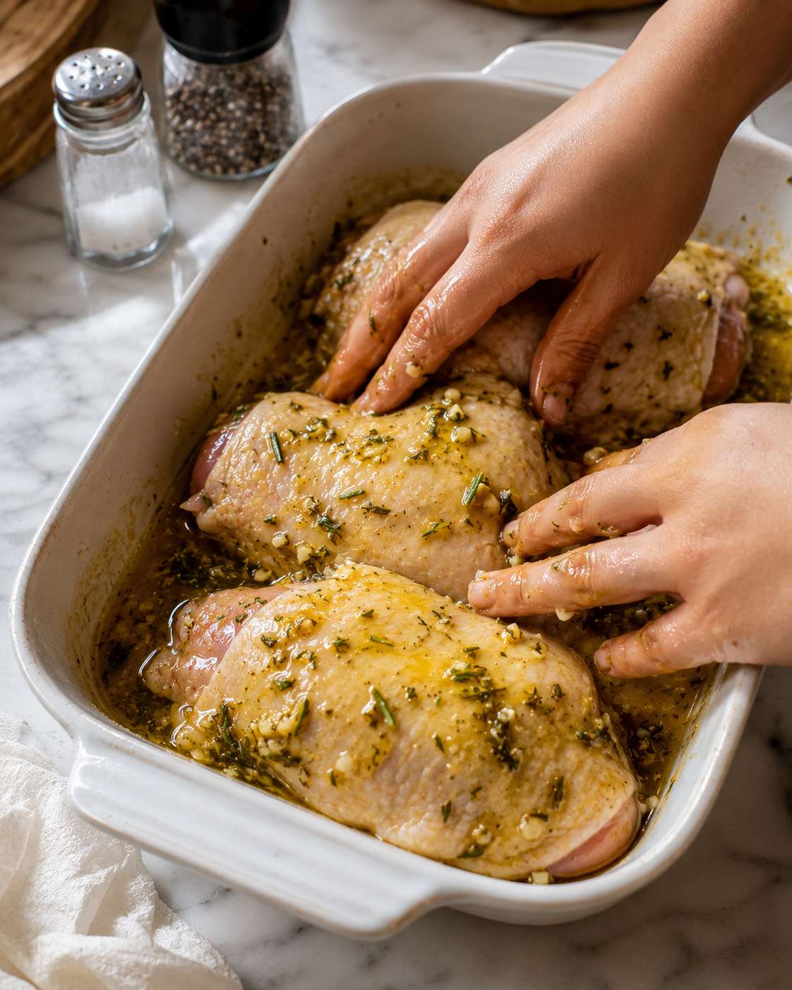 Massaging lemon herb marinade into bone-in chicken thighs, getting it under the skin