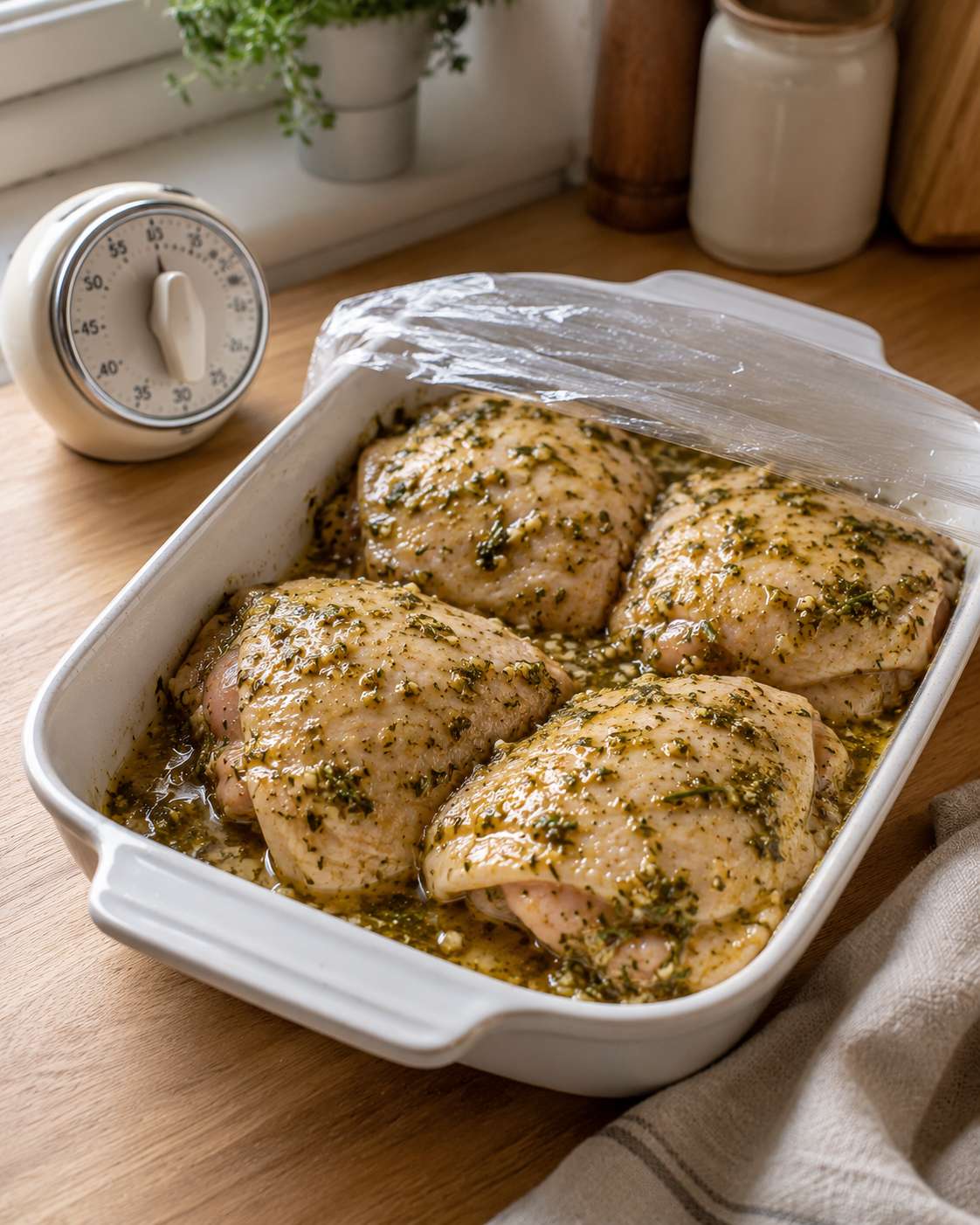 Marinated chicken thighs resting at room temperature before going into the oven
