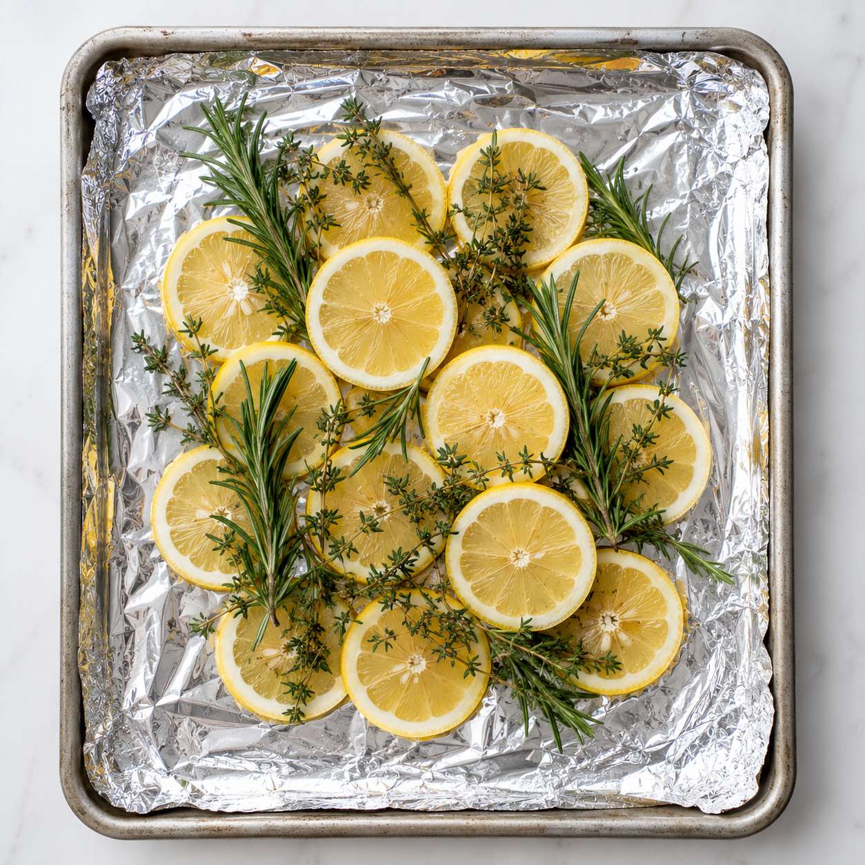 Sheet pan lined with foil, lemon rounds and fresh herb sprigs arranged on the base ready for the chicken