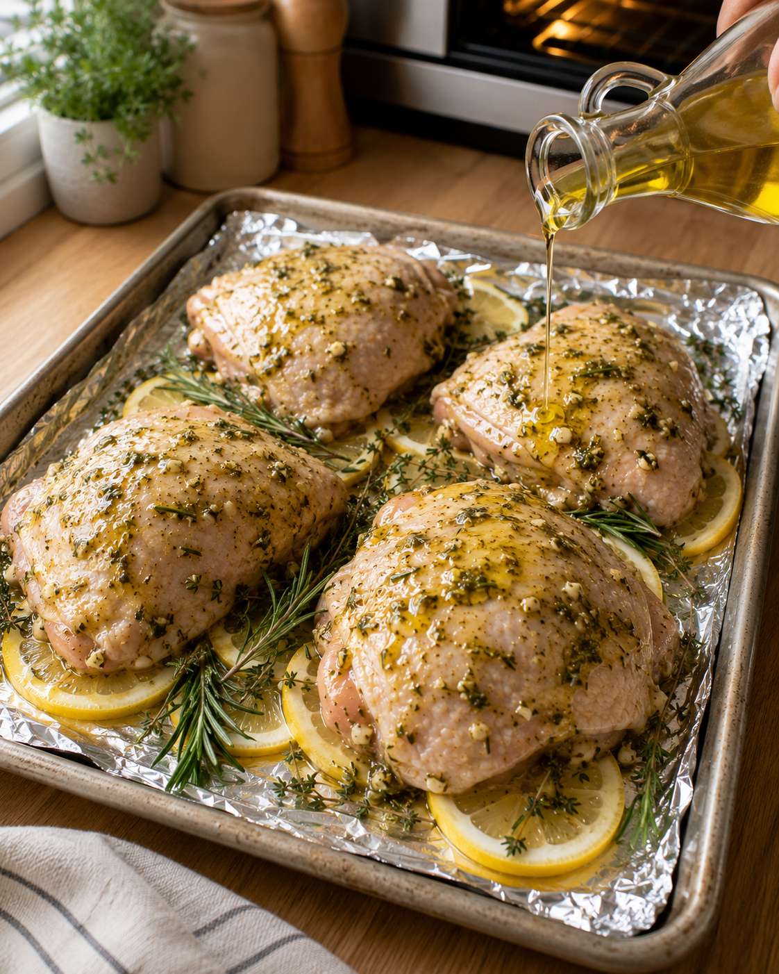 Chicken thighs placed skin-side up on the lemon-lined pan, drizzled with olive oil and ready to bake