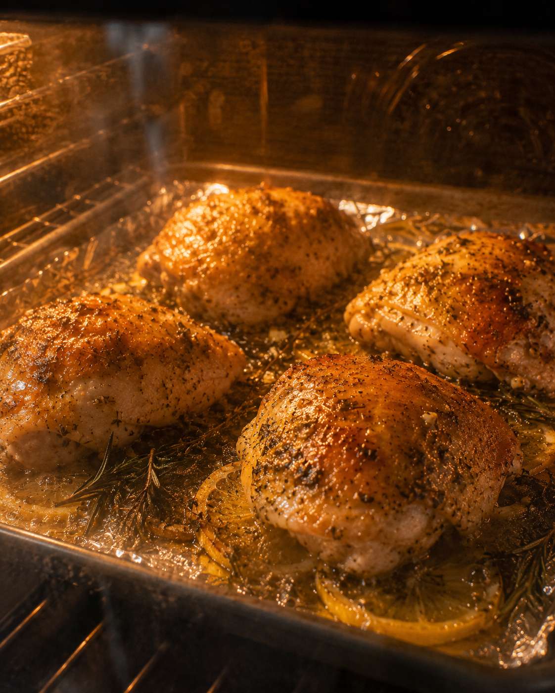 Chicken thighs baking at high heat — skin starting to turn golden and crispy through the oven window