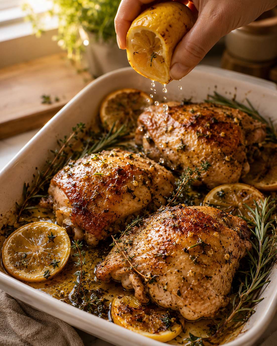 Squeezing a roasted lemon half over golden chicken thighs fresh out of the oven — the final flourish