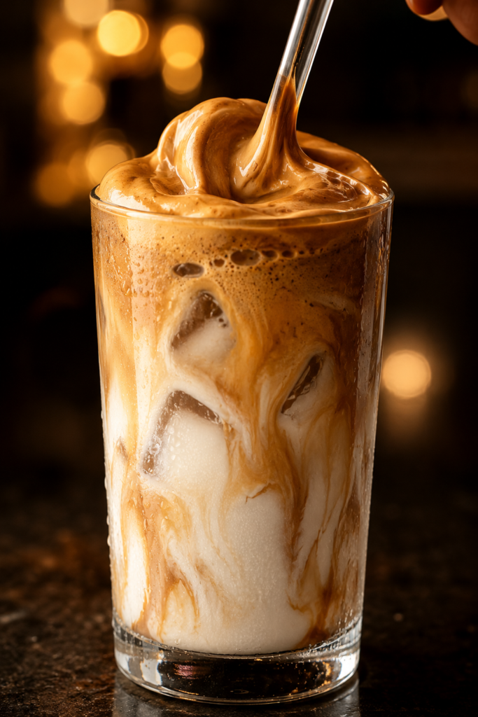 Finished cloud whipped coffee — thick caramel foam cloud on cold milk, dusted with cinnamon