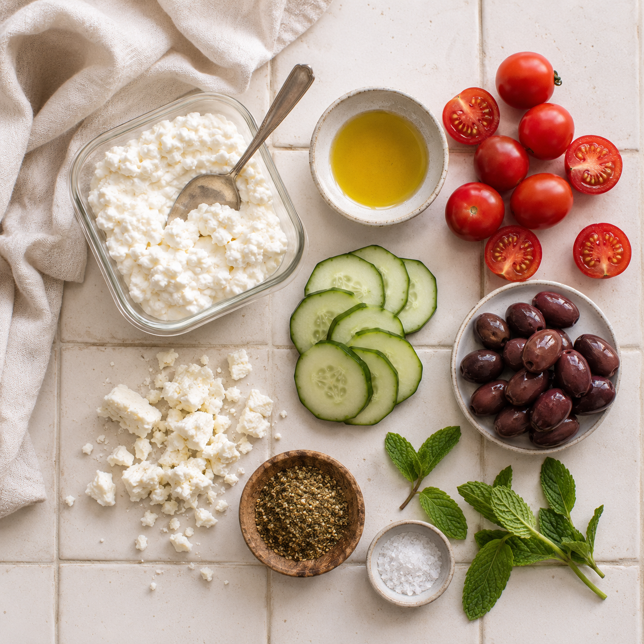 All Mediterranean cottage cheese breakfast ingredients laid out — cottage cheese, olive oil, za'atar, cherry tomatoes, cucumber, olives and feta
