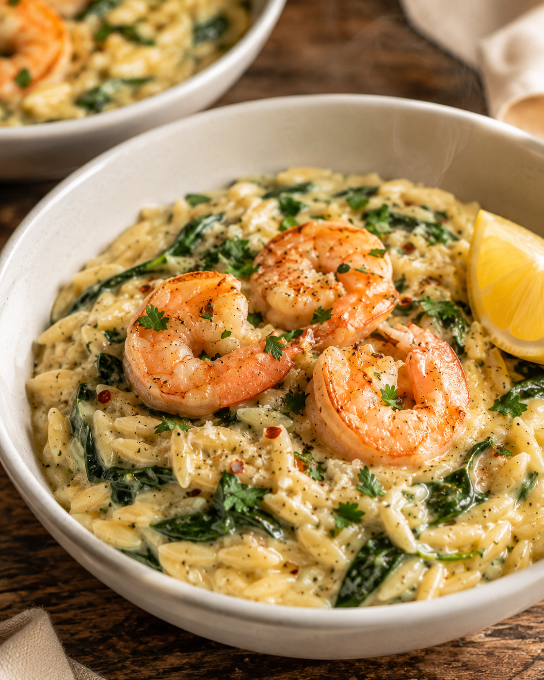 Creamy spinach shrimp orzo plated in a wide bowl — golden shrimp nestled in silky cream sauce with wilted spinach