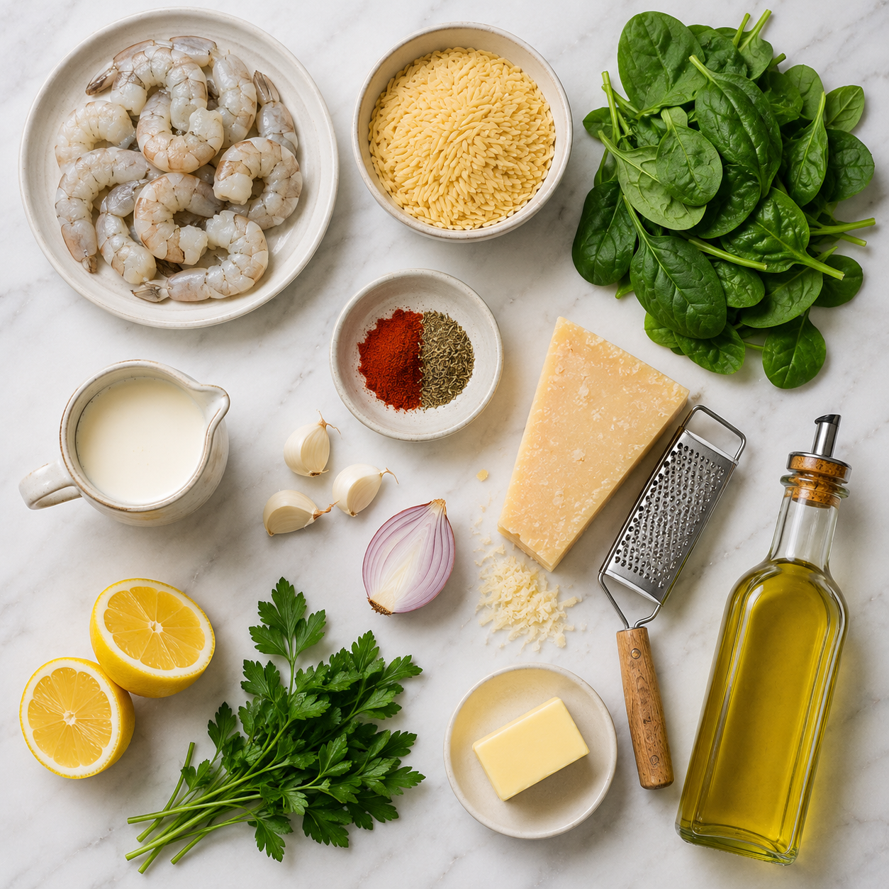 All shrimp orzo ingredients laid out — raw shrimp, dry orzo, fresh spinach, garlic, shallot, cream, parmesan and broth