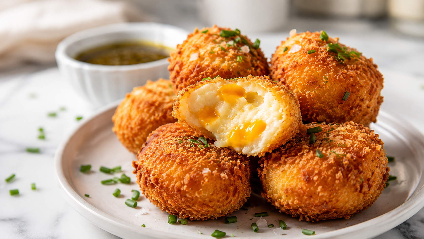 Crispy golden air fryer potato croquettes piled on a plate — cheesy, crunchy and ready to dip